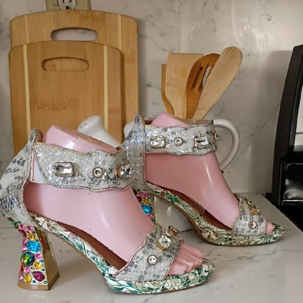 SPRING STEP L'ARTISTE Embellished Snake-Print Block Heel Sandals